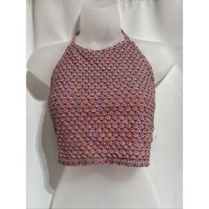 Vintage 90s Y2K Vixen Rainbow Embroidered Boho‎ Halter Tank Crop Top Large New